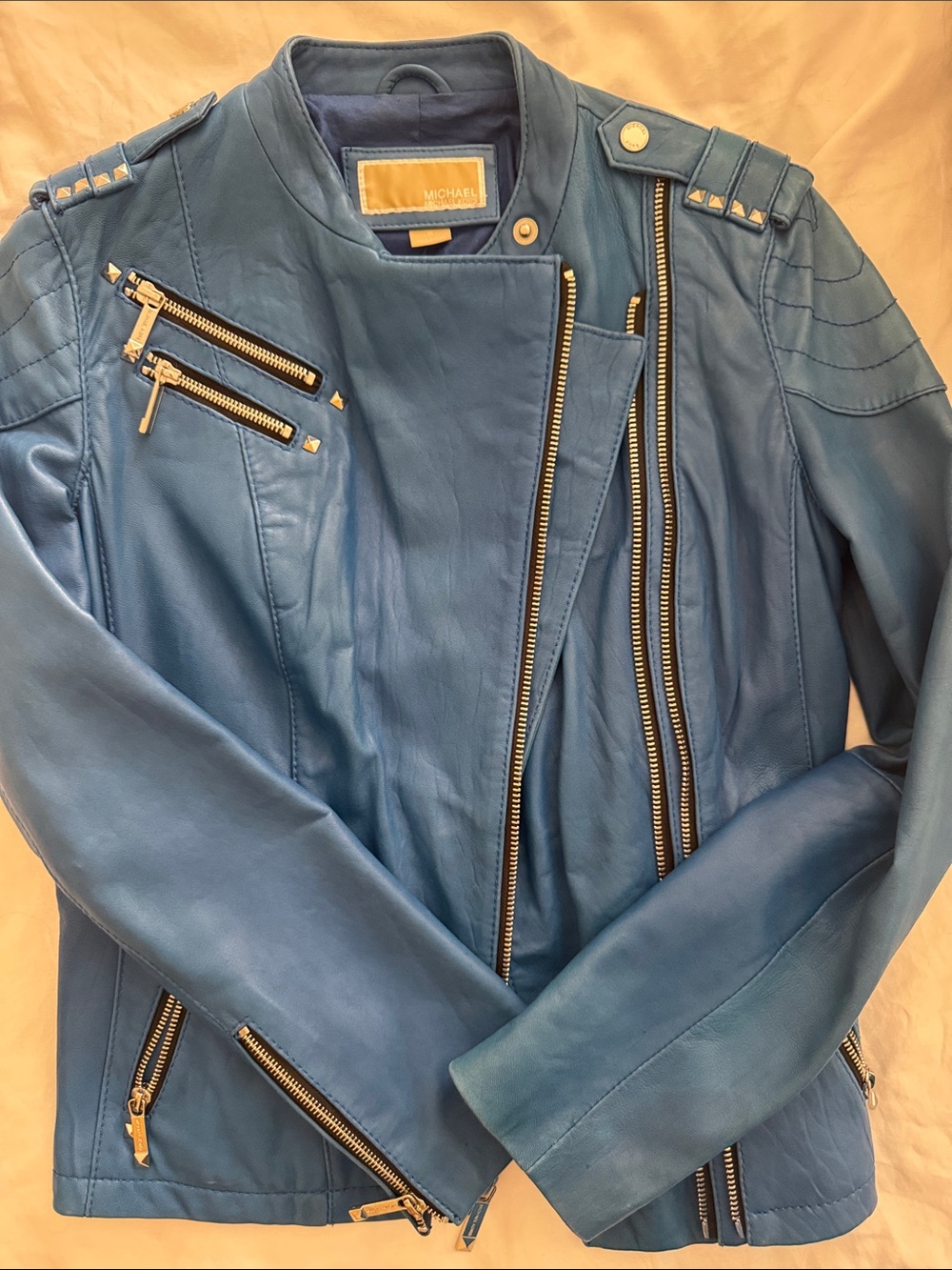 Michael Kors Blue Leather Moto Jacket with silver Hardware